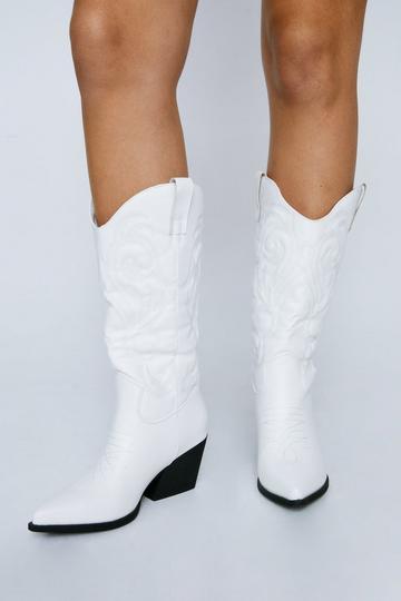 Metallic Faux Leather Knee High Cowboy Boots white