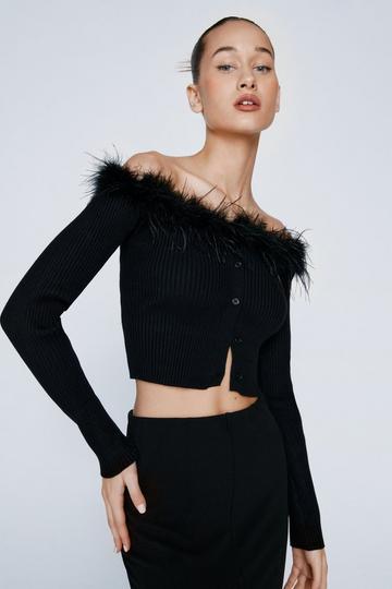 Feather Trim Button Front Knitted Bardot Top black