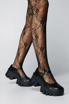Women's Plus Black Lace Print Fishnets with Faux Panty