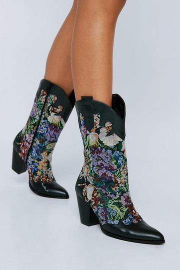 Black Faux Leather Floral Embriodered Wetsern Boot