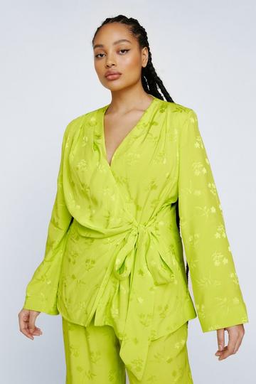 Lime Green Plus Size Premium Satin Floral Wrap Waist Blazer