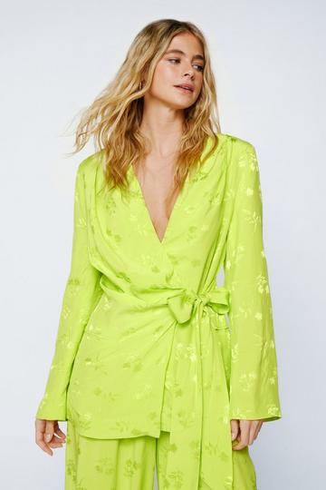 Lime Green Premium Floral Satin Wrap Waist Blazer