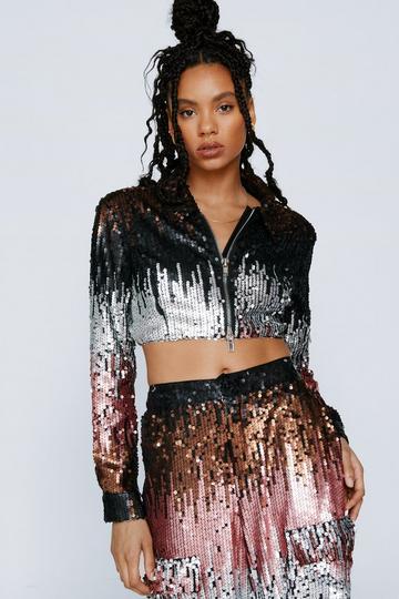 Ombre Sequin Crop Jacket Co-ord multi