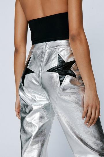 Silver Metallic Star Bum Faux Leather Trousers