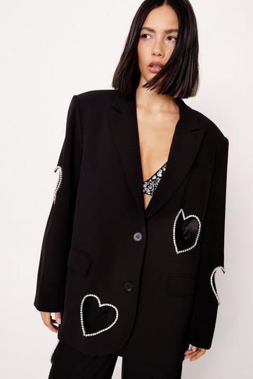 Premium Cut Out Embellished Heart Satin Blazer black