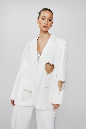 Ivory White Premium Cut Out Embellished Heart Satin Blazer
