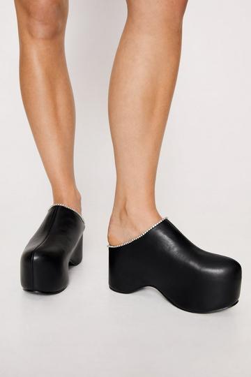 Black Faux Leather Chunky Platform Embellished Clogs