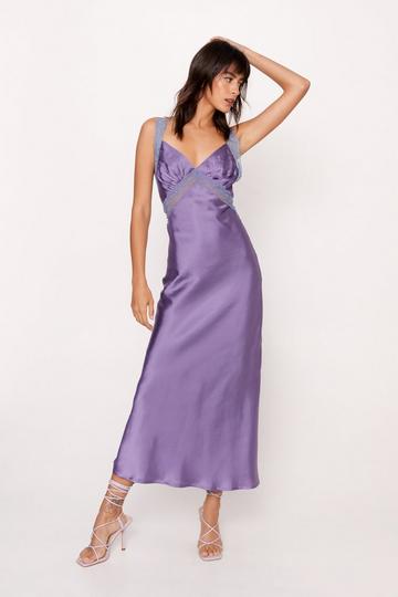Lilac Purple Lace Trim Satin Maxi Dress