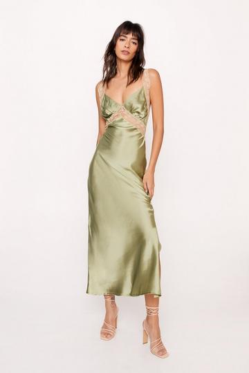 Sage Green Lace Trim Satin Maxi Dress