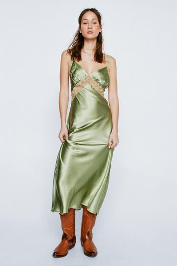 Sage Green Petite Lace Trim Satin Maxi Dress