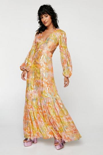 Metallic Blurred Floral Open Back Maxi Dress yellow