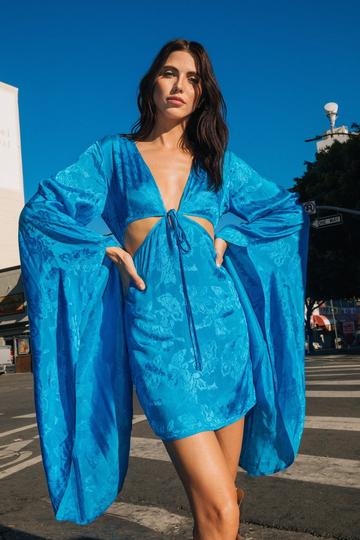 Petite Jacquard Extreme Flare Sleeve Cut Out Mini Dress blue