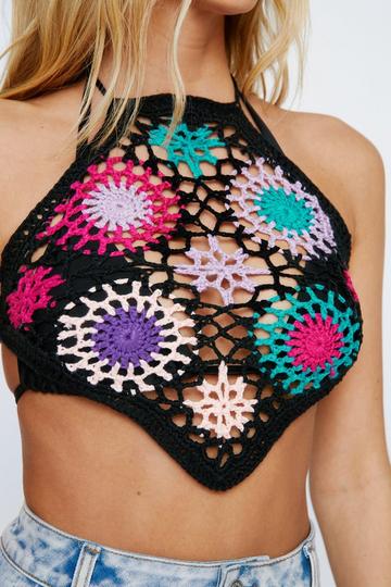 Crochet Handkerchief Hem Halter Neck Top black