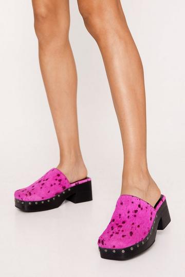 Hair On Studded Square Toe Clogs pink