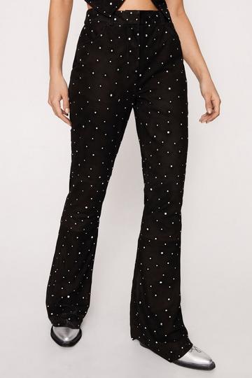 Real Suede Diamante Studded Flare Pants black