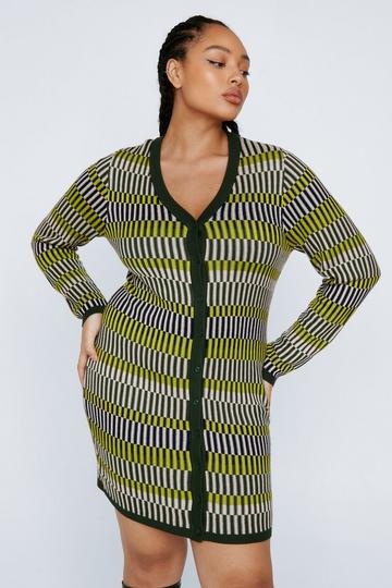 Plus Size Contrast Stripe Button Up Knit Mini Dress khaki