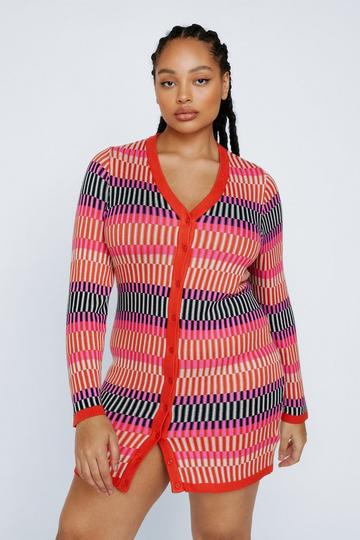 Plus Size Contrast Stripe Button Up Knit Mini Dress pink