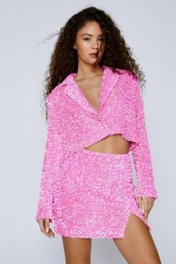 Premium Velvet Sequin Cropped Blazer pink