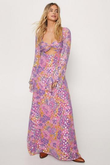 Pink Floral Metallic Ruched Bust Maxi Dress