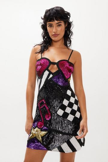 Black Abstract Music Embellished Sequin Mini Dress