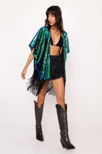 Contrast Fringe Sequin Kimono green