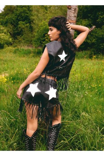 Faux Leather Star Bum Fringe Shorts brown