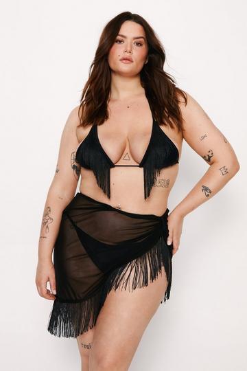 Plus Size Fringe Triangle Bikini And Sarong 3pc Bikini Set black
