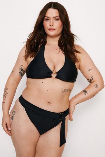 Plus Size Ring Detail Halter Neck Belted Bikini Set black
