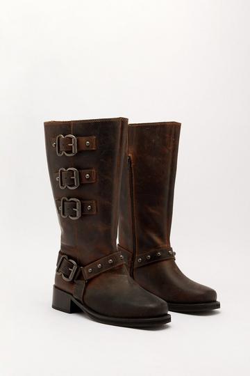 Tarnished Leather Multi Buckle Harness Knee High Boots tan
