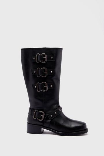 Tarnished Leather Multi Buckle Harness Knee High minimalistas Femme black
