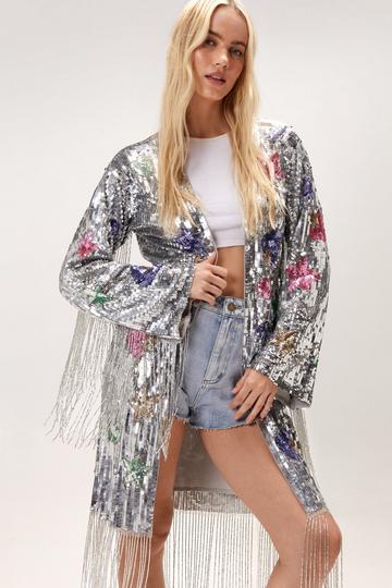 Star And Heart Hand Embellished Tassel Kimono silver