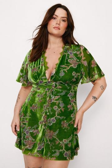 Sage Green Plus Size Devore Lace Trim Angel Sleeve Dress