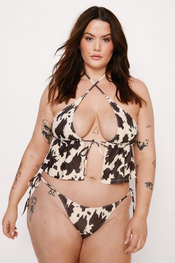 Plus Size Cow Halter Neck Tie Front Bikini Set cream