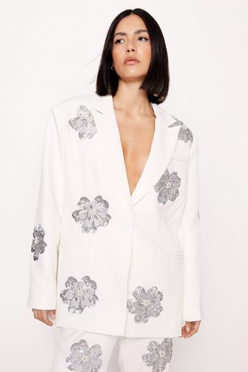 Premium Floral Sequin Embellished Blazer white