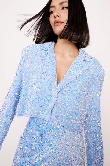 Blue Premium Velvet Sequin Cropped Blazer