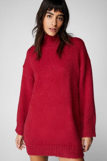 Red Brushed Knit Oversized Turtleneck Sweater Dress