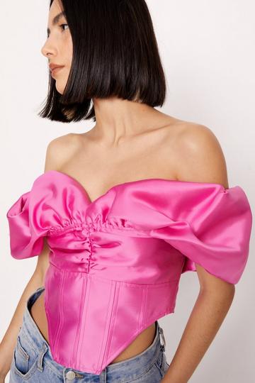 Satin Twill Bardot Puff Sleeve Corset Top pink