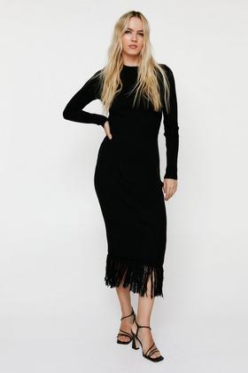 Cut Out Fringe Midi Dress - Black