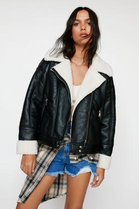Faux Fur Lined Faux Leather Aviator Jacket