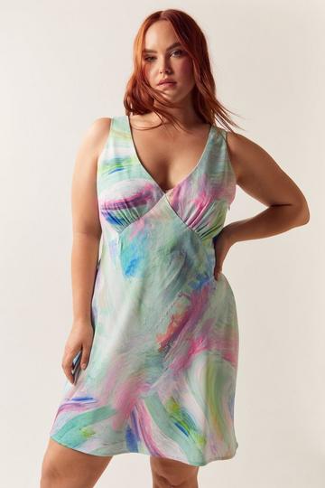 Mint Green Plus Size Brushed Abstract Satin V Neck Shift Dress