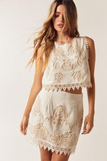Hand Cut Work Two Piece Set Lace Trim Skirt ivory
