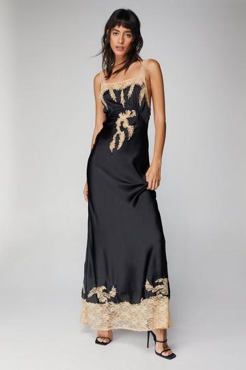 Black Satin Sleeveless Lace Insert Maxi Dress