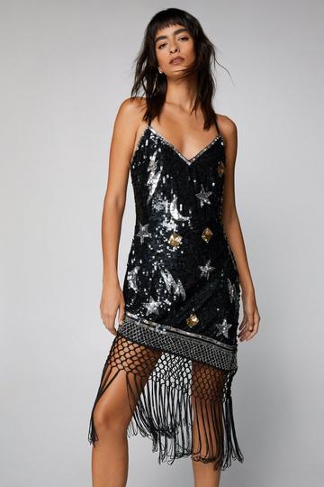 Moon and Stars Sequin Fringe Dress black