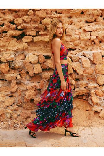 Red Mixed Floral Print Ruffle Tiered Maxi Skirt