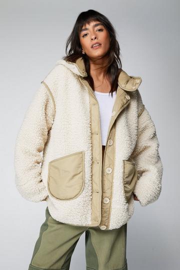 Cream White Oversized Sherpa Lined Reversible Jacket