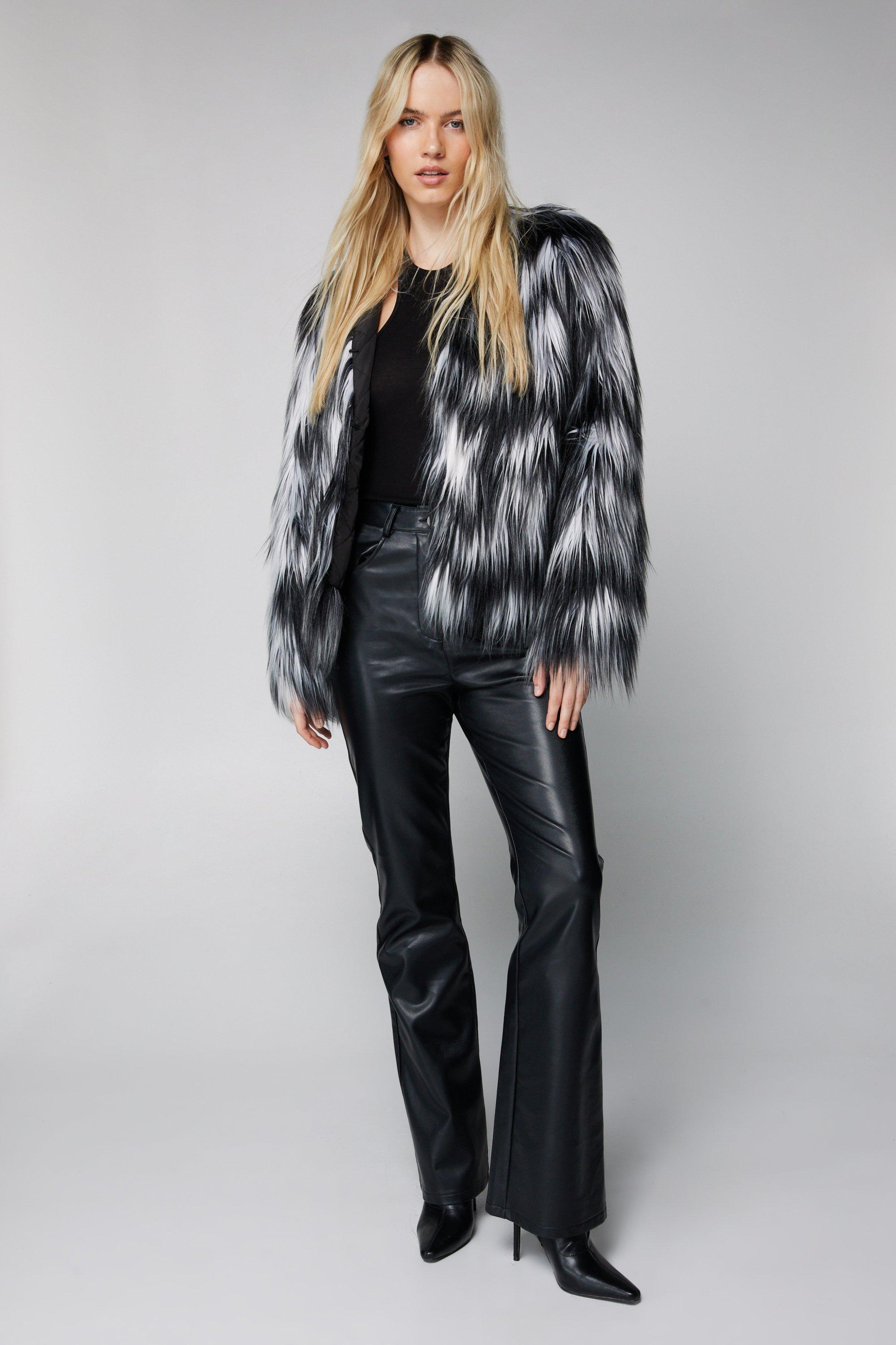 Mono Checkerboard Faux Fur Coat | Nasty Gal