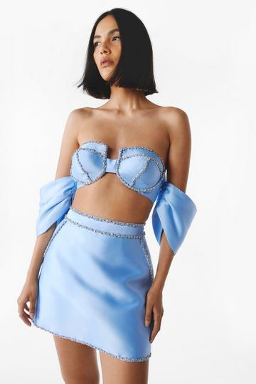 Blue Premium Embellished Satin Twill Mini Skirt
