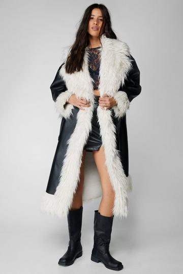 Black Faux Leather Shearling Fur Trim Longline Afghan Coat