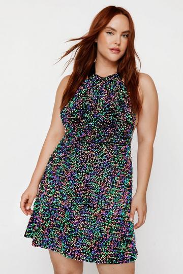 Black Plus Size Neon Sequin Velvet Halter Neck Dress