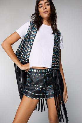 Embellished Leaf Tassel Beaded Hot Pants